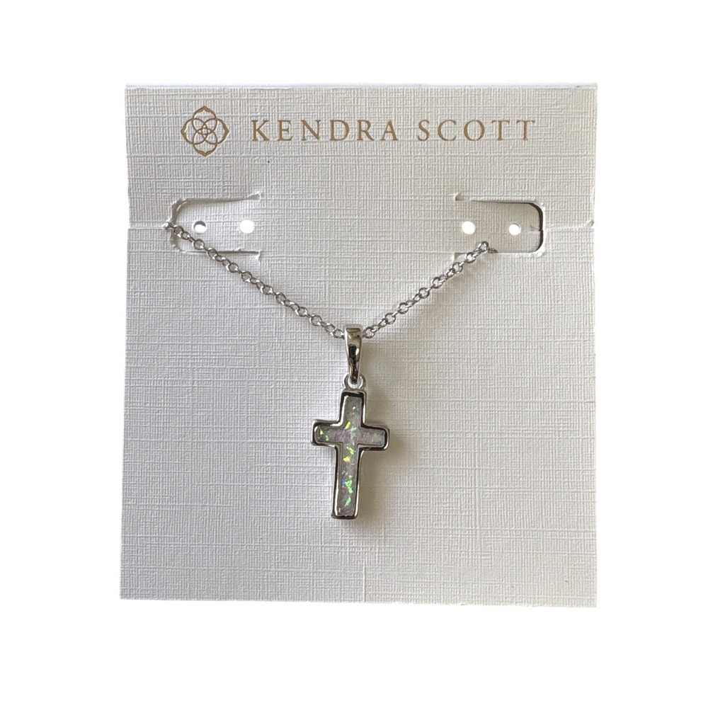 Kendra Scott Cross Pendant Necklace White Lab Grown Opal Rhodium Over Brass 19"